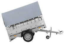 Laden Sie das Bild in den Galerie-Viewer, Einachsanhänger auf Federn 200×125 UNITRAILER GARDEN 201/R KIPP mit Gitterwänden, H-800-Rahmen und grauer Plane-Neu