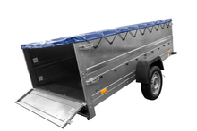 Laden Sie das Bild in den Galerie-Viewer, Einachsanhänger auf Federn 264×125 UNITRAILER GARDEN 264/R KIPP mit BIS-Seiten, H-0-Rahmen und blauer Plane-Neu