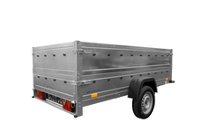 Laden Sie das Bild in den Galerie-Viewer, Einachsanhänger auf Federn 264×125 UNITRAILER GARDEN 264/R KIPP mit BIS-Seiten, H-0-Rahmen und grauer Plane-Neu
