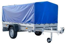 Einachsanhänger mit Blattfedern 264×125 UNITRAILER GARDEN 264/R KIPP mit H-800-Rahmen und blauer Plane-Neu