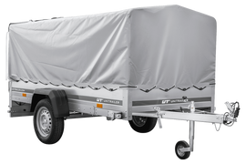 Einachsanhänger mit Blattfedern 264×125 UNITRAILER GARDEN 264/R KIPP mit H-800-Rahmen und grauer Plane-Neu