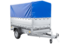 Laden Sie das Bild in den Galerie-Viewer, Einachsiger Anhänger auf Blattfedern 230×125 UNITRAILER FORCE 230/R KIPP mit BIS-Seitenwänden, H-800-Rahmen und blauer Plane-Neu