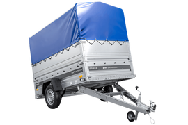 Einachsiger Anhänger auf Blattfedern 230×125 UNITRAILER FORCE 230/R KIPP mit BIS-Seitenwänden, H-800-Rahmen und blauer Plane-Neu