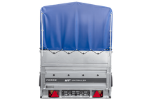 Laden Sie das Bild in den Galerie-Viewer, Einachsiger Anhänger auf Blattfedern 230×125 UNITRAILER FORCE 230/R KIPP mit BIS-Seitenwänden, H-800-Rahmen und blauer Plane-Neu