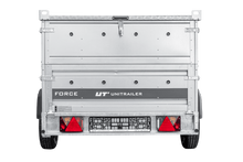 Laden Sie das Bild in den Galerie-Viewer, Einachsiger Anhänger auf Blattfedern 230×125 UNITRAILER FORCE 230/R KIPP mit BIS-Seitenwänden und Aluminiumabdeckung-Neu