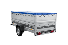 Laden Sie das Bild in den Galerie-Viewer, Einachsiger Anhänger auf Blattfedern 264×125 UNITRAILER FORCE 264/R KIPP mit BIS-Seitenwänden, H-0-Rahmen und blauer Plane-Neu