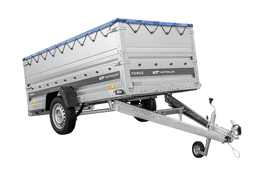 Einachsiger Anhänger auf Blattfedern 264×125 UNITRAILER FORCE 264/R KIPP mit BIS-Seitenwänden, H-0-Rahmen und blauer Plane-Neu