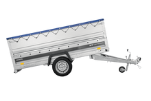 Laden Sie das Bild in den Galerie-Viewer, Einachsiger Anhänger auf Blattfedern 264×125 UNITRAILER FORCE 264/R KIPP mit BIS-Seitenwänden, H-0-Rahmen und blauer Plane-Neu
