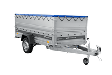 Laden Sie das Bild in den Galerie-Viewer, Einachsiger Anhänger auf Blattfedern 264×125 UNITRAILER FORCE 264/R KIPP mit BIS-Seitenwänden, H-0-Rahmen und blauer Plane-Neu