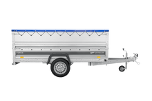 Laden Sie das Bild in den Galerie-Viewer, Einachsiger Anhänger auf Blattfedern 264×125 UNITRAILER FORCE 264/R KIPP mit BIS-Seitenwänden, H-0-Rahmen und blauer Plane-Neu