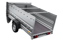 Laden Sie das Bild in den Galerie-Viewer, Einachsiger Anhänger auf Blattfedern 264×125 UNITRAILER FORCE 264/R KIPP mit BIS-Seitenwänden, H-0-Rahmen und grauer Plane-Neu