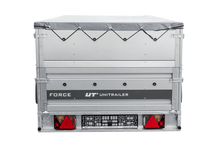 Laden Sie das Bild in den Galerie-Viewer, Einachsiger Anhänger auf Blattfedern 264×125 UNITRAILER FORCE 264/R KIPP mit BIS-Seitenwänden, H-0-Rahmen und grauer Plane-Neu