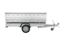 Laden Sie das Bild in den Galerie-Viewer, Einachsiger Anhänger auf Blattfedern 264×125 UNITRAILER FORCE 264/R KIPP mit BIS-Seitenwänden, H-0-Rahmen und grauer Plane-Neu
