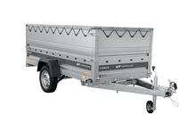 Laden Sie das Bild in den Galerie-Viewer, Einachsiger Anhänger auf Blattfedern 264×125 UNITRAILER FORCE 264/R KIPP mit BIS-Seitenwänden, H-0-Rahmen und grauer Plane-Neu