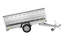 Laden Sie das Bild in den Galerie-Viewer, Einachsiger Anhänger auf Blattfedern 264×125 UNITRAILER FORCE 264/R KIPP mit BIS-Seitenwänden, H-0-Rahmen und grauer Plane-Neu