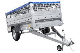 Einachsiger Anhänger auf Blattfedern 264×125 UNITRAILER FORCE 264/R KIPP mit Gitterseitenwänden, H-0-Rahmen und blauer Plane-Neu