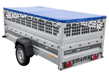 Laden Sie das Bild in den Galerie-Viewer, Einachsiger Anhänger auf Blattfedern 264×125 UNITRAILER FORCE 264/R KIPP mit Gitterseitenwänden, H-0-Rahmen und blauer Plane-Neu