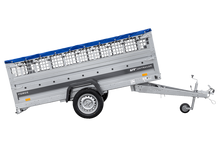Laden Sie das Bild in den Galerie-Viewer, Einachsiger Anhänger auf Blattfedern 264×125 UNITRAILER FORCE 264/R KIPP mit Gitterseitenwänden, H-0-Rahmen und blauer Plane-Neu
