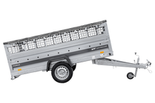 Laden Sie das Bild in den Galerie-Viewer, Einachsiger Anhänger auf Blattfedern 264×125 UNITRAILER FORCE 264/R KIPP mit Gitterseitenwänden, H-0-Rahmen und grauer Plane-Neu