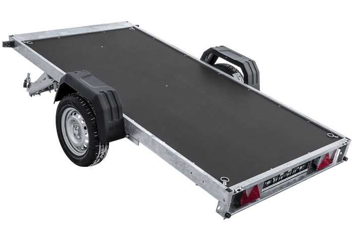Einachsiger Anhänger auf Blattfedern 264×125 UNITRAILER FORCE 264/R KIPP mit Gitterseitenwänden, H-0-Rahmen und grauer Plane-Neu
