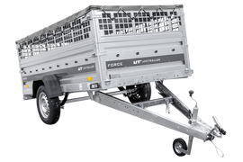 Einachsiger Anhänger auf Blattfedern 264×125 UNITRAILER FORCE 264/R KIPP mit Gitterseitenwänden, H-0-Rahmen und grauer Plane-Neu