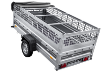 Laden Sie das Bild in den Galerie-Viewer, Einachsiger Anhänger auf Blattfedern 264×125 UNITRAILER FORCE 264/R KIPP mit Gitterseitenwänden, H-0-Rahmen und grauer Plane-Neu