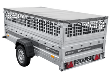 Laden Sie das Bild in den Galerie-Viewer, Einachsiger Anhänger auf Blattfedern 264×125 UNITRAILER FORCE 264/R KIPP mit Gitterseitenwänden, H-0-Rahmen und grauer Plane-Neu