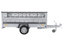 Laden Sie das Bild in den Galerie-Viewer, Einachsiger Anhänger auf Blattfedern 264×125 UNITRAILER FORCE 264/R KIPP mit Gitterseitenwänden, H-0-Rahmen und grauer Plane-Neu