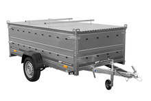 Laden Sie das Bild in den Galerie-Viewer, Einachsiger Anhänger auf Blattfedern 264×125 UNITRAILER GARDEN 264/R KIPP mit BIS-Seitenwänden und Aluminiumabdeckung-Neu