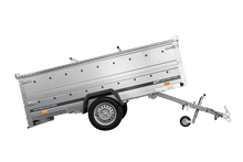 Laden Sie das Bild in den Galerie-Viewer, Einachsiger Anhänger auf Blattfedern 264×125 UNITRAILER GARDEN 264/R KIPP mit BIS-Seitenwänden und Aluminiumabdeckung-Neu