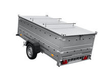 Laden Sie das Bild in den Galerie-Viewer, Einachsiger Anhänger auf Blattfedern 264×125 UNITRAILER GARDEN 264/R KIPP mit BIS-Seitenwänden und Aluminiumabdeckung-Neu
