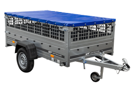 Einachsiger Anhänger auf Blattfedern 264×125 UNITRAILER GARDEN 264/R KIPP mit Gitterseitenwänden, H-0-Rahmen und blauer Plane-Neu
