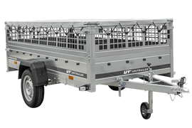 Einachsiger Anhänger auf Blattfedern 264×125 UNITRAILER GARDEN 264/R KIPP mit Gitterseitenwänden, H-0-Rahmen und grauer Plane-Neu