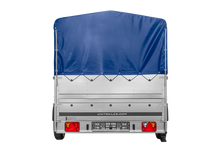 Laden Sie das Bild in den Galerie-Viewer, Einachsiger Anhänger auf Blattfedern 264×150 UNITRAILER GARDEN 265/R KIPP mit BIS-Seitenwänden, H-800-Rahmen und blauer Plane-Neu