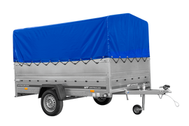 Einachsiger Anhänger auf Blattfedern 264×150 UNITRAILER GARDEN 265/R KIPP mit BIS-Seitenwänden, H-800-Rahmen und blauer Plane-Neu