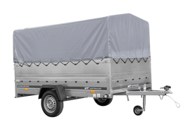 Einachsiger Anhänger auf Blattfedern 264×150 UNITRAILER GARDEN 265/R KIPP mit BIS-Seitenwänden, H-800-Rahmen und grauer Plane-Neu