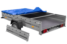 Laden Sie das Bild in den Galerie-Viewer, Einachsiger Anhänger auf Blattfedern 264×150 UNITRAILER GARDEN 265/R KIPP mit H-0-Rahmen und blauer Plane-Neu