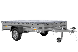 Einachsiger Anhänger auf Blattfedern 264×150 UNITRAILER GARDEN 265/R KIPP mit H-0-Rahmen und grauer Plane-Neu
