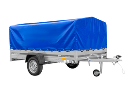 Einachsiger Anhänger auf Blattfedern 264×150 UNITRAILER GARDEN 265/R KIPP mit H-800 Rahmen und blauer Plane-Neu