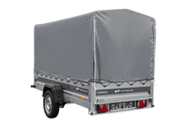 Laden Sie das Bild in den Galerie-Viewer, Einachsiger Anhänger mit Blattfedern 264×125 UNITRAILER FORCE 264/R KIPP mit H-1100 Rahmen und grauer Plane-Neu