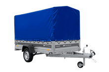 Laden Sie das Bild in den Galerie-Viewer, Einachsiger Anhänger mit Blattfedern 264×125 UNITRAILER FORCE 264/R KIPP mit H-1100 Spriegel und blauer Plane-Neu