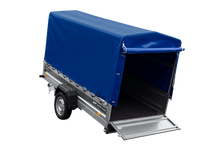 Laden Sie das Bild in den Galerie-Viewer, Einachsiger Anhänger mit Blattfedern 264×125 UNITRAILER FORCE 264/R KIPP mit H-1100 Spriegel und blauer Plane-Neu
