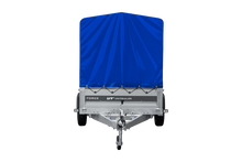 Laden Sie das Bild in den Galerie-Viewer, Einachsiger Anhänger mit Blattfedern 264×125 UNITRAILER FORCE 264/R KIPP mit H-1100 Spriegel und blauer Plane-Neu