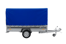 Laden Sie das Bild in den Galerie-Viewer, Einachsiger Anhänger mit Blattfedern 264×125 UNITRAILER FORCE 264/R KIPP mit H-1100 Spriegel und blauer Plane-Neu