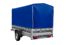 Laden Sie das Bild in den Galerie-Viewer, Einachsiger Anhänger mit Blattfedern 264×125 UNITRAILER FORCE 264/R KIPP mit H-1100 Spriegel und blauer Plane-Neu