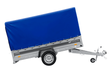 Laden Sie das Bild in den Galerie-Viewer, Einachsiger Anhänger mit Blattfedern 264×125 UNITRAILER FORCE 264/R KIPP mit H-1100 Spriegel und blauer Plane-Neu