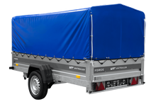 Laden Sie das Bild in den Galerie-Viewer, Einachsiger Anhänger mit Blattfedern 264×125 UNITRAILER FORCE 264/R KIPP mit H-800 Spriegel und blauer Plane-Neu