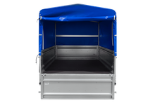 Laden Sie das Bild in den Galerie-Viewer, Einachsiger Anhänger mit Blattfedern 264×125 UNITRAILER FORCE 264/R KIPP mit H-800 Spriegel und blauer Plane-Neu
