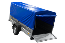 Laden Sie das Bild in den Galerie-Viewer, Einachsiger Anhänger mit Blattfedern 264×125 UNITRAILER FORCE 264/R KIPP mit H-800 Spriegel und blauer Plane-Neu