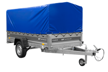 Laden Sie das Bild in den Galerie-Viewer, Einachsiger Anhänger mit Blattfedern 264×125 UNITRAILER FORCE 264/R KIPP mit H-800 Spriegel und blauer Plane-Neu